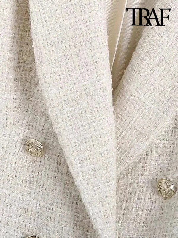 TRAF Ženska modna jakna s dvostrukim kopčanjem od tvida Vintage dugih rukava s preklopnim džepovima Ženska gornja odjeća Chic Veste Femme