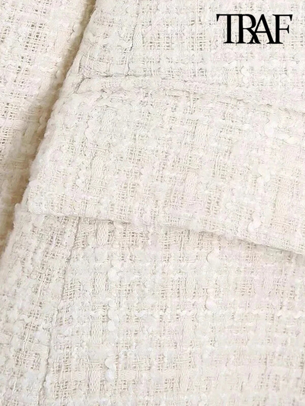 TRAF Ženska modna jakna s dvostrukim kopčanjem od tvida Vintage dugih rukava s preklopnim džepovima Ženska gornja odjeća Chic Veste Femme