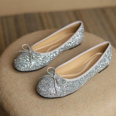 Svjetlucave srebrne ravne cipele s leptir-mašnom Ženske okrugle vrhove Karirane kožne mokasine sa šljokicama Balerinske cipele Ženske mokasine