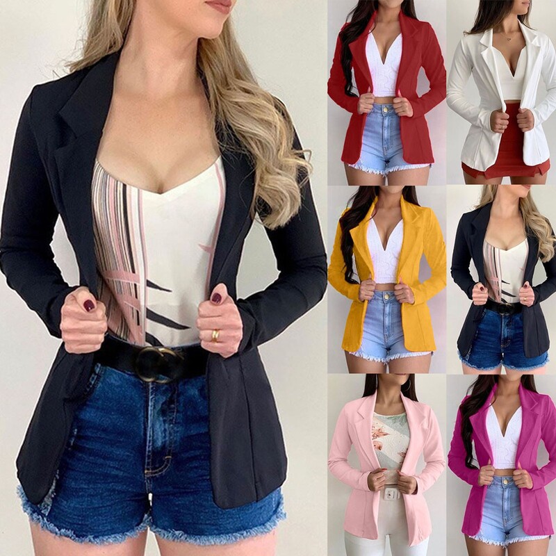Femei, solide, buzunare deschise în față, cardigan, costum formal, bluză cu mânecă lungă, haină, buzunare deschise în față, jachete elegante cu rever