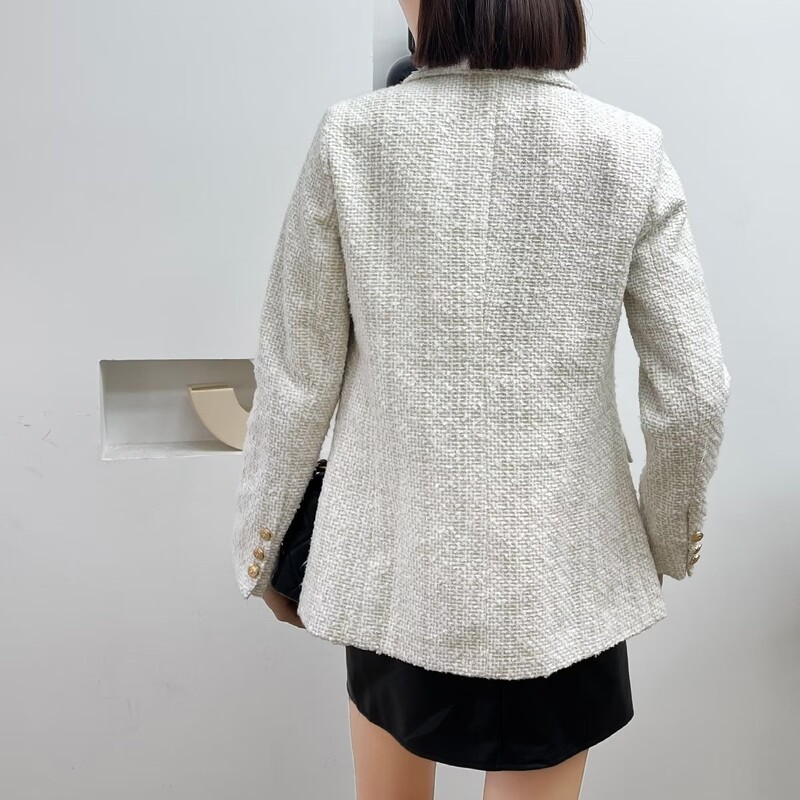Femei 2023, la modă nouă, la dublu piept, din tweed, cu check, blazer, haină vintage cu mânecă lungă, buzunare, îmbrăcăminte exterioară pentru femei șic
