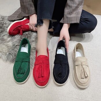 Νέα Suede Flat Παπούτσια Γυναικεία Loafers Walk Moccasin Metal Lock Φούντα Μαλακή σόλα Mules Αιτιώδης ολίσθηση στα παπούτσια Μονά παπούτσια