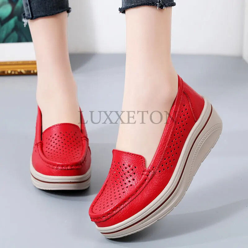 Naiste vabaajajalatsid Nahast õõnsad lamedad jalanõud Naiste mokassiinid Hingavad naiste platvormtossud Zapatos Mujer