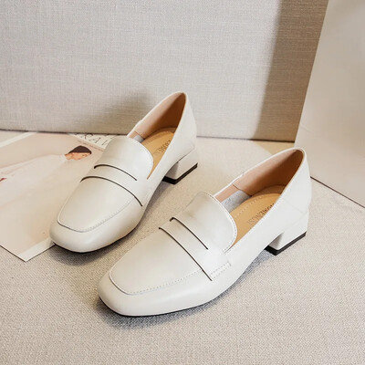 Sieviete elegants kvadrātveida purngals 3 cm augstpapēžu kurpes Sieviešu retro ādas zempapēžu kurpes Sieviešu balti, jauki āra kurpes platformas kurpes