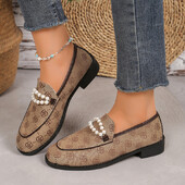 Moodne string Bead Loafers Kingad Naiste 2024 Print Ümar varvas madalad kontsad Pumbad Naine Slip-On Pearl Pu nahast peokingad naistele