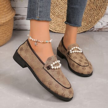 Μόδα String Bead Loafers Γυναικεία παπούτσια 2024 Print Round Toe Χαμηλά τακούνια Pumps Γυναικεία Slip-On Pearl Pu Δερμάτινα παπούτσια για πάρτι