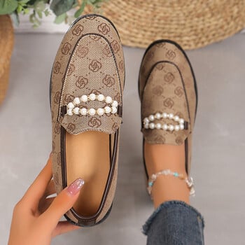 Μόδα String Bead Loafers Γυναικεία παπούτσια 2024 Print Round Toe Χαμηλά τακούνια Pumps Γυναικεία Slip-On Pearl Pu Δερμάτινα παπούτσια για πάρτι