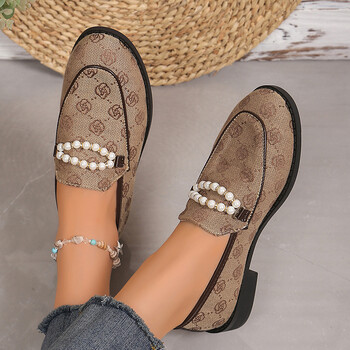 Μόδα String Bead Loafers Γυναικεία παπούτσια 2024 Print Round Toe Χαμηλά τακούνια Pumps Γυναικεία Slip-On Pearl Pu Δερμάτινα παπούτσια για πάρτι