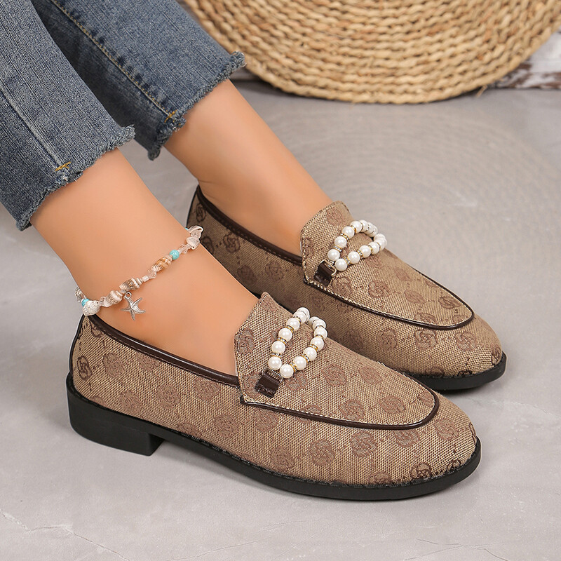 Moodne string Bead Loafers Kingad Naiste 2024 Print Ümar varvas madalad kontsad Pumbad Naine Slip-On Pearl Pu nahast peokingad naistele