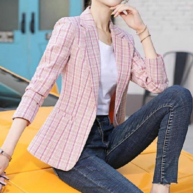 Blazer de damă cu imprimeu în carouri de epocă, guler răsturnat, cu un buton, slim fit, pentru femei, de primăvară. Blazer casual.