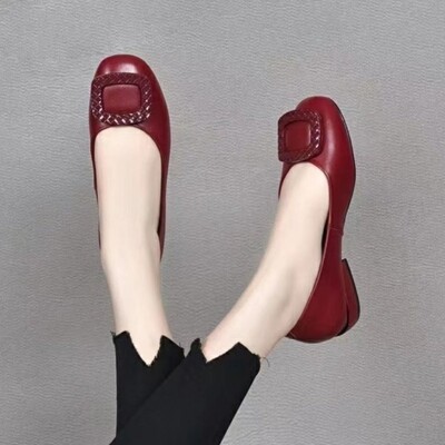 Pantofi de damă din piele moale cu toc mic, cu gură superficială, pantofi confortabili, cu tocuri groase, pantofi mici de muncă pentru femei