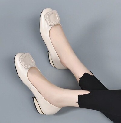 Pantofi de damă din piele moale cu toc mic, cu gură superficială, pantofi confortabili, cu tocuri groase, pantofi mici de muncă pentru femei