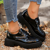 Naiste lakknahast platvormkingad, ümmargused varbad, paelad, lamedad jalatsid Naiste kevad-sügis libisemiskindlad mustad Oxfordsi kingad suures suuruses