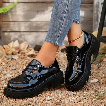 Γυναικεία λουστρίνι Πλατφόρμα Loafers Round Toe Lace Up Flats Παπούτσια Γυναικεία Άνοιξη Φθινόπωρο Αντιολισθητικά Μαύρα παπούτσια Oxfords Plus Size