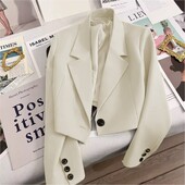 Moda coreeană Blazere albe elegante Crop Tops 2023 Jachete pentru femei Blazer casual cu mânecă lungă, cu cataramă, haină simplă