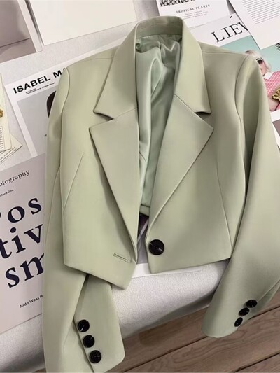 Moda coreeană Blazere albe elegante Crop Tops 2023 Jachete pentru femei Blazer casual cu mânecă lungă, cu cataramă, haină simplă