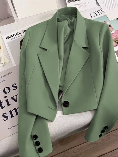 Moda coreeană Blazere albe elegante Crop Tops 2023 Jachete pentru femei Blazer casual cu mânecă lungă, cu cataramă, haină simplă