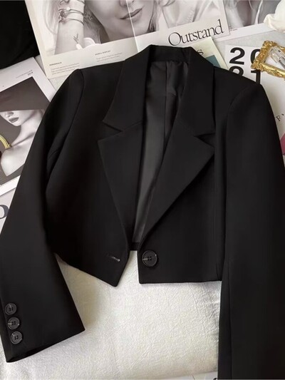 Moda coreeană Blazere albe elegante Crop Tops 2023 Jachete pentru femei Blazer casual cu mânecă lungă, cu cataramă, haină simplă