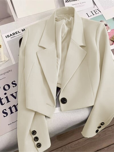 Moda coreeană Blazere albe elegante Crop Tops 2023 Jachete pentru femei Blazer casual cu mânecă lungă, cu cataramă, haină simplă