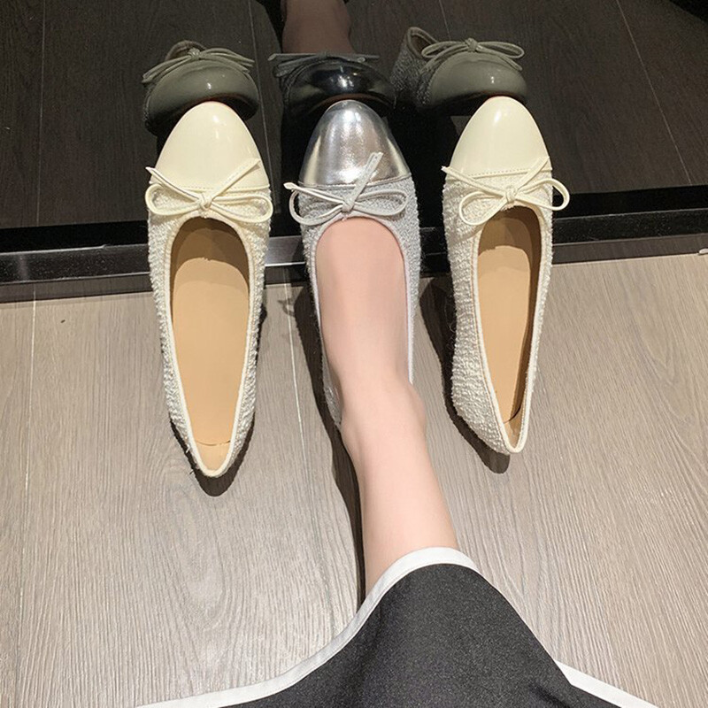 στρογγυλή μύτη ασημί δερμάτινο συνονθύλευμα γυναικεία φλατ παπιγιόν παπούτσια μπαλαρίνας μαλακό πάτο loafers γυναικείες παγιέτες υφασμάτινες εσπαντρίγιες 2023