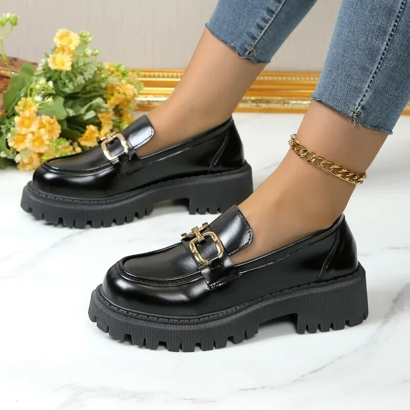 2024 Pantofi pentru femei Moda pentru femei Mary Janes Pantofi cu vârf rotund Mocasini Oxfords Platformă Casual Cataramă cu lanț metalic Tocuri pentru damă Negru
