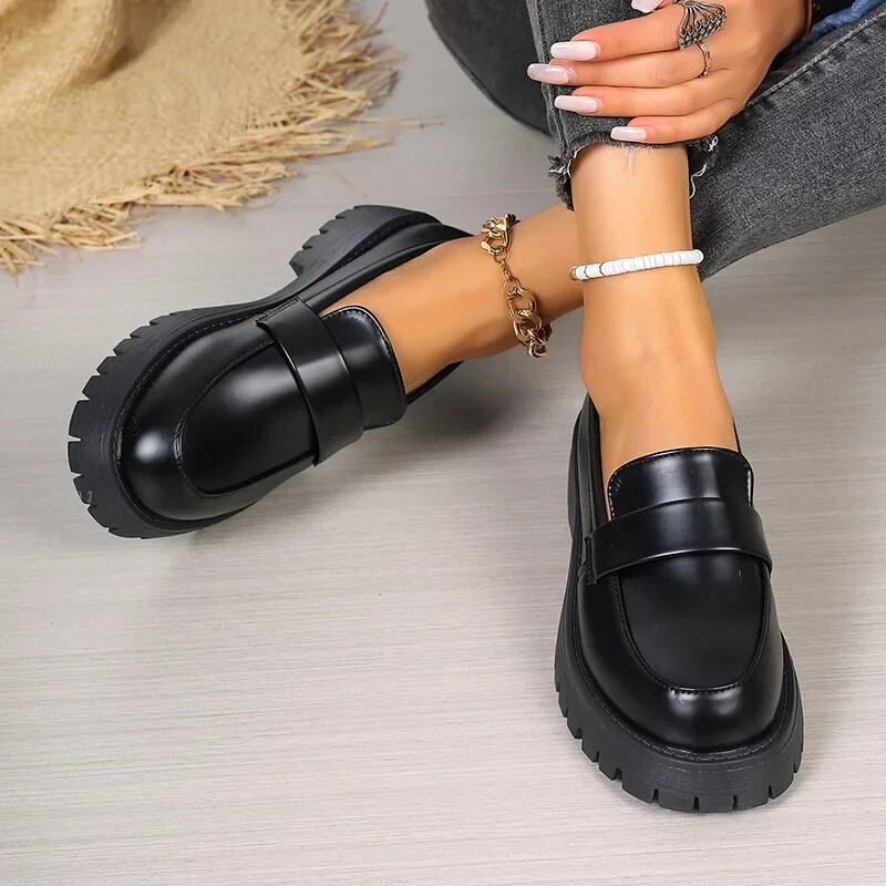 Briti stiilis platvormkingad naiste 2024. aasta suures suuruses ümmarguse varbaga ühekordsed kingad Naistele paksu põhjaga nahast kingad Mujer