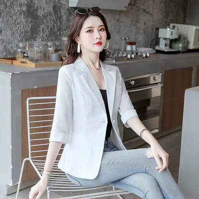 Sacou de damă, stil de vară, alb, mânecă în șapte puncte, pentru dama de birou, ocazional, paragraf scurt, blazer din bumbac B24