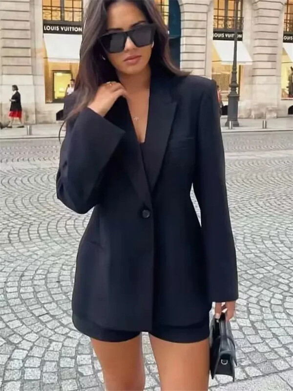 TRAF 2024 Paltoane de damă Blazer negru pentru femei, cu mânecă lungă, haine formale, haine de birou, jachetă de toamnă, elegantă, elegantă