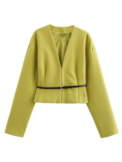 TRAF koos vööga naiste bleiser Traf 2024 sügis V kaelus pikkade varrukatega konksud suletud õhuke kontoriülikond jakk lühike mantel Crop top