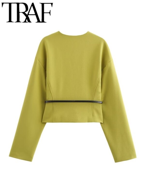 TRAF koos vööga naiste bleiser Traf 2024 sügis V kaelus pikkade varrukatega konksud suletud õhuke kontoriülikond jakk lühike mantel Crop top