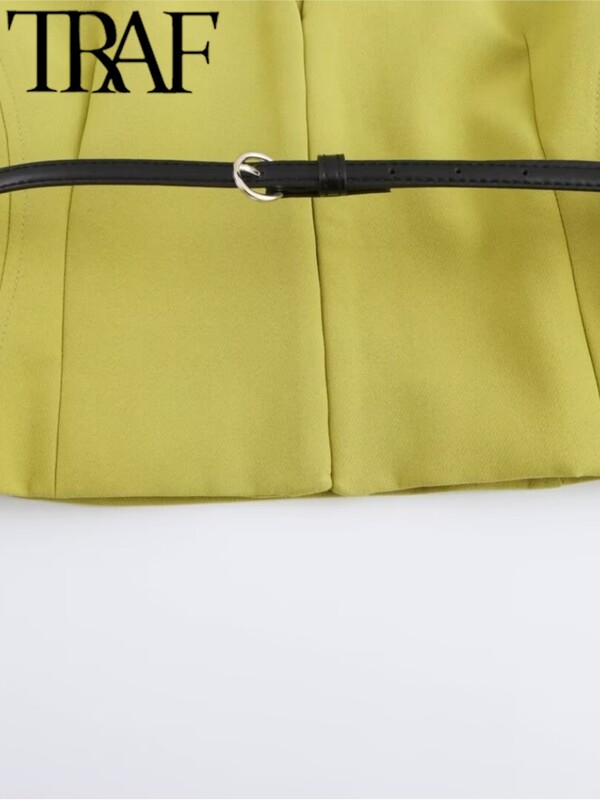 TRAF koos vööga naiste bleiser Traf 2024 sügis V kaelus pikkade varrukatega konksud suletud õhuke kontoriülikond jakk lühike mantel Crop top