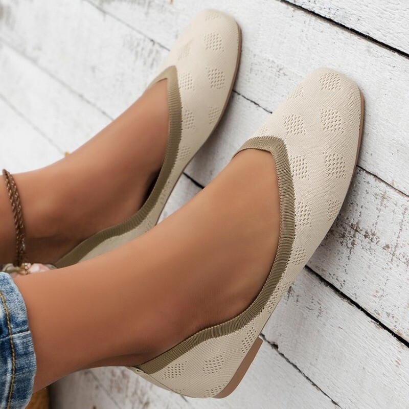 Balerini ocazional, respirabil, pantofi plat pentru femei cu vârf pătrat, pantofi plat tricotați de culoare solidă, pantofi plat pentru femei, mocasini Q20