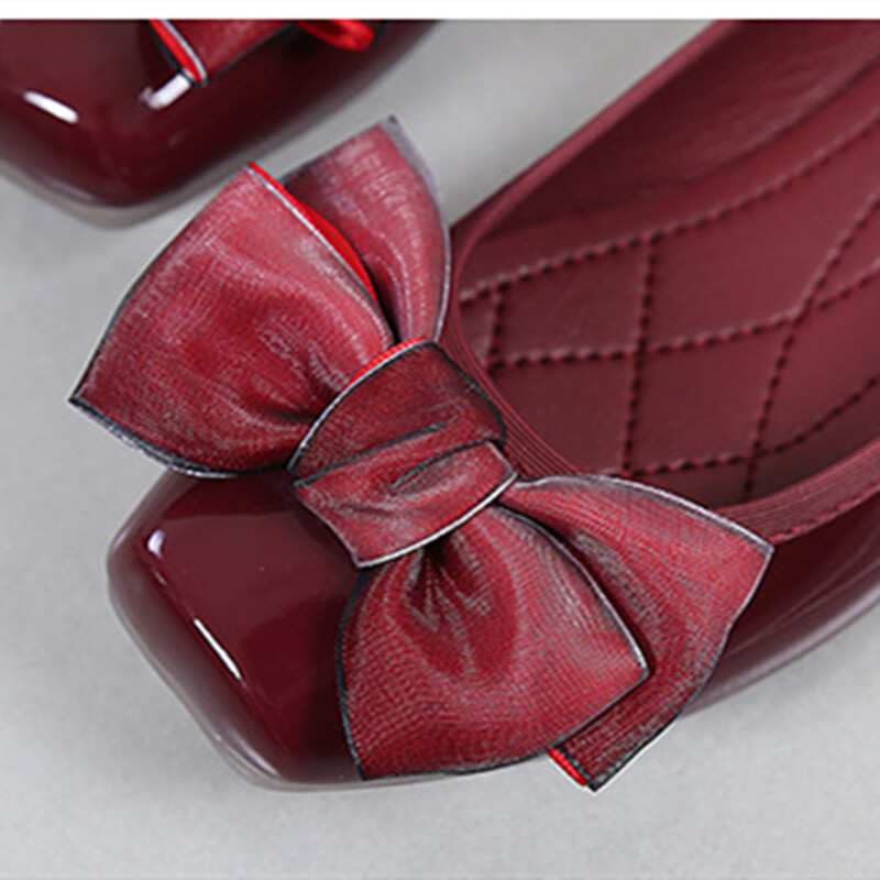 Balerini din piele pentru femei Pata de mătase Pantofi de aluat cu fundă-nod Mocasini Varf pătrat Wide Fit EU35-44 27cm Taconi roșii gri cu cusătură