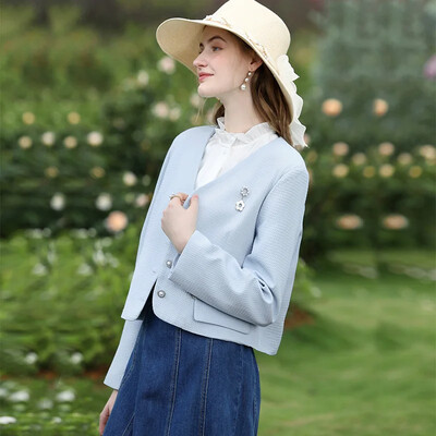 I BELIEVE YOU Blazers κοντό παλτό για γυναίκες 2024 Φθινόπωρο Νέο Μπλε Γαλλικό Tweed βάφλα V-λαιμόκοψη Μόδα Gentle Chic Jacket CWT235263A