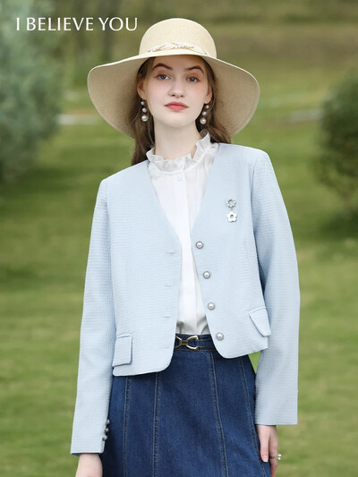 I BELIEVE YOU Blazere Palton scurt pentru femei Toamna 2024 Nou Albastru Tweed franceză Waffle Decolteu în V Moda Gentle Chic Jachetă CWT235263A