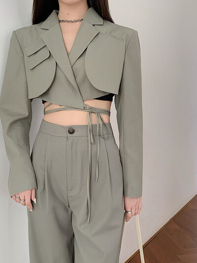 Articat gri, bandaj dublu strat, sacou subțire pentru femei, cu mânecă lungă, cu buzunar, jachetă scurtă pentru femei, cu guler crestat, îmbrăcăminte de îmbrăcăminte, topuri, 2021, nou