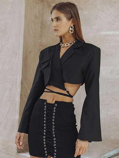 Articat gri, bandaj dublu strat, sacou subțire pentru femei, cu mânecă lungă, cu buzunar, jachetă scurtă pentru femei, cu guler crestat, îmbrăcăminte de îmbrăcăminte, topuri, 2021, nou