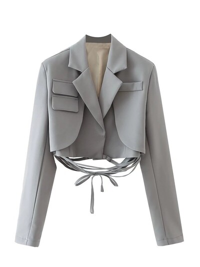 Articat gri, bandaj dublu strat, sacou subțire pentru femei, cu mânecă lungă, cu buzunar, jachetă scurtă pentru femei, cu guler crestat, îmbrăcăminte de îmbrăcăminte, topuri, 2021, nou