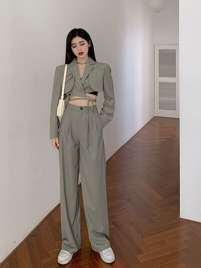 Articat gri, bandaj dublu strat, sacou subțire pentru femei, cu mânecă lungă, cu buzunar, jachetă scurtă pentru femei, cu guler crestat, îmbrăcăminte de îmbrăcăminte, topuri, 2021, nou