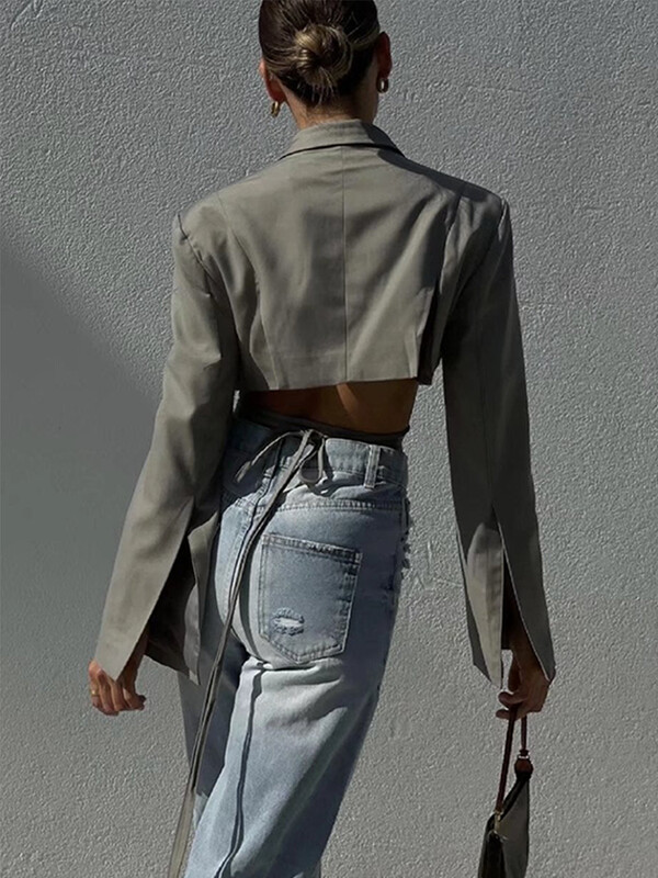 Articat gri, bandaj dublu strat, sacou subțire pentru femei, cu mânecă lungă, cu buzunar, jachetă scurtă pentru femei, cu guler crestat, îmbrăcăminte de îmbrăcăminte, topuri, 2021, nou