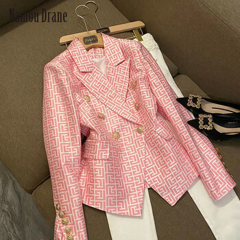 2022 New European and American Star Fashion Double Breasted Black Geometric Jacquard Slim Suit Women Blazer Femme