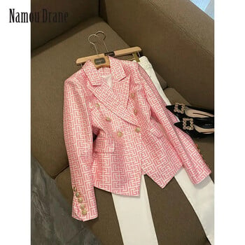 2022 New European and American Star Fashion Double Breasted Black Geometric Jacquard Slim Suit Women Blazer Femme