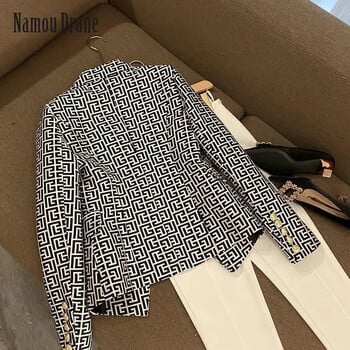 2022 New European and American Star Fashion Double Breasted Black Geometric Jacquard Slim Suit Women Blazer Femme