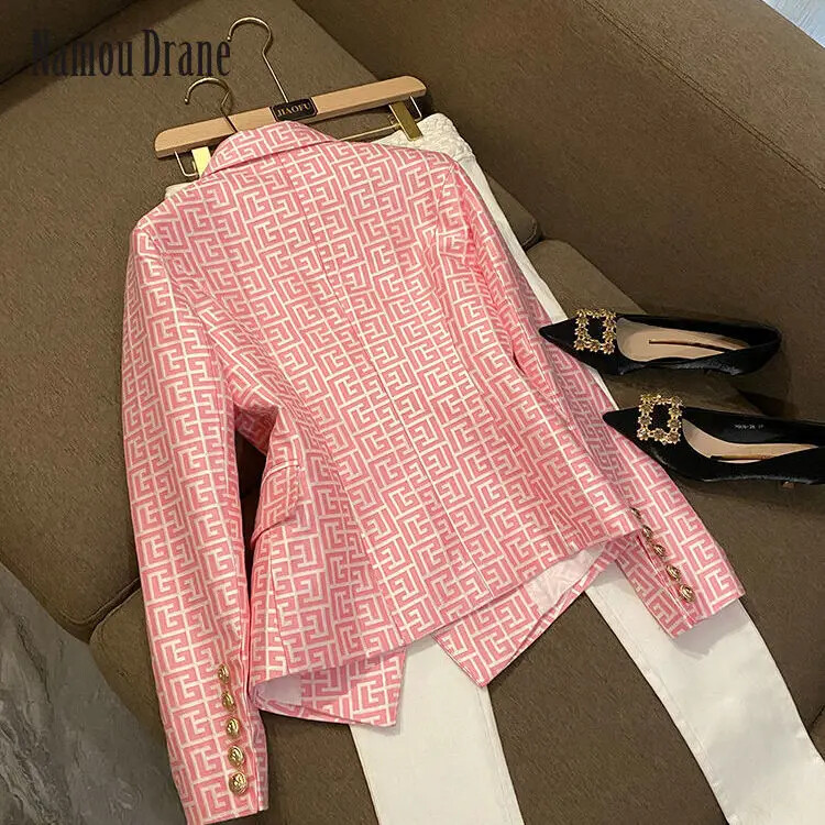 2022, noua veste de costum europeană și americană, la dublu piept, negru, jacquard geometric, subțire, jachetă pentru femei, blazer pentru femei