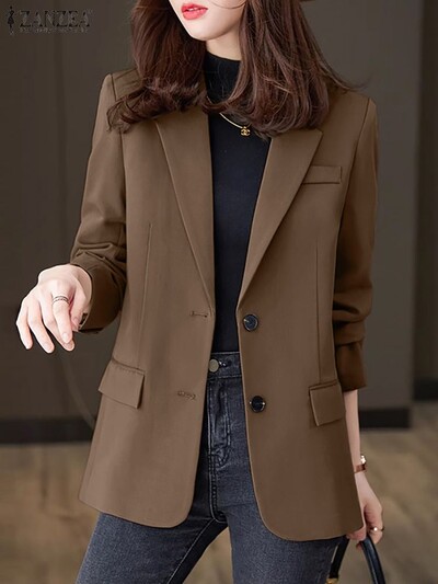 ZANZEA Autumn Vintage OL Coats Woman Korean Fashion Blazer Long Sleeve Sleeve Deck Outwear Елегантни работни едноцветни якета 2024
