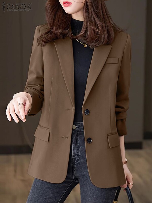 ZANZEA Autumn Vintage OL Coats Woman Korean Fashion Blazer Long Sleeve Sleeve Deck Outwear Елегантни работни едноцветни якета 2024