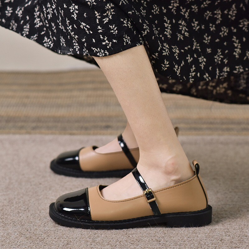 Naiste lamedad kingad Ehtsast nahast ballett 2024, uus kevad/suvi beež aprikoosist pandla plaaster Naiste ümarad varbakingad