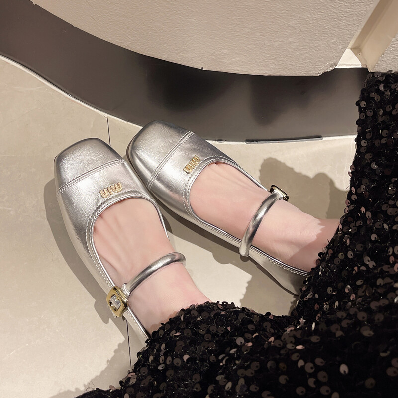 Tocuri groase, cu tocuri joase, pantofi pentru femei, cu cruce, argintiu, Mary Jane, cu vârful pătrat, pantofi cu un singur pantof pentru femei, 2024, primăvară, uni, mocasini casual cu cataramă