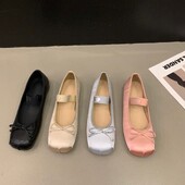 Νέα πολυτελή σατέν μεταξωτά παπούτσια μπαλέτου Γυναικεία κλασικά τετράγωνα παπιγιόν Ελαστική ζώνη μπαλαρίνα Flats Γυναικεία μαλακά loafers