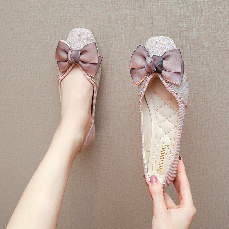 värvilised väikesed helmed mokassiinid naiste siidist pitsist vibu lamedad kingad kandiline varvas pehme alumine slaid jalatsitel naiste balletikorterid suurus 43